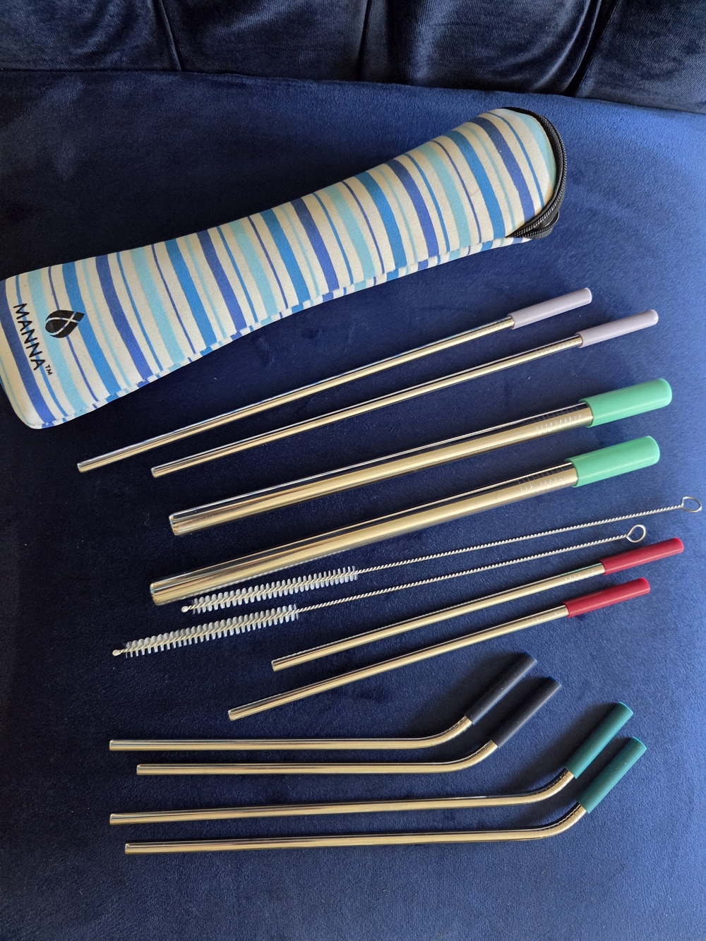 New, Manna Stainless Steel 10 Straw Kit with Striped Neoprene Pouch